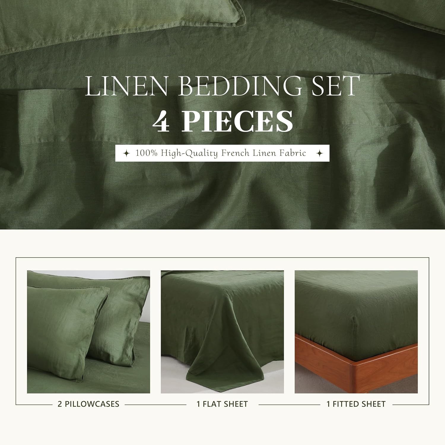 100% French Linen Sheets Set Cal King Size-4Pcs Natural Washed Flax Bed Sheets Soft Breathable and Durable- 1 Flat Sheet 1 Fitted Sheet 2 Pillowcases (Green, Cal King)