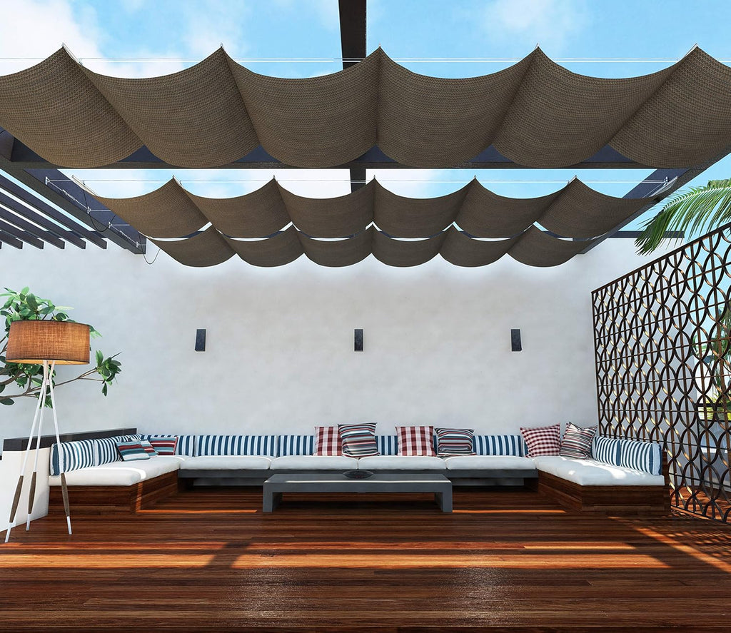 TANG 7' x 12' Pergola Cover Shade Canopy, Retractable Awning Sun Shades Outdoor Patio Pergolas Kit for Deck Backyard Gazebo, Wave Shade Sail with Hardware Wire Cable, Brown