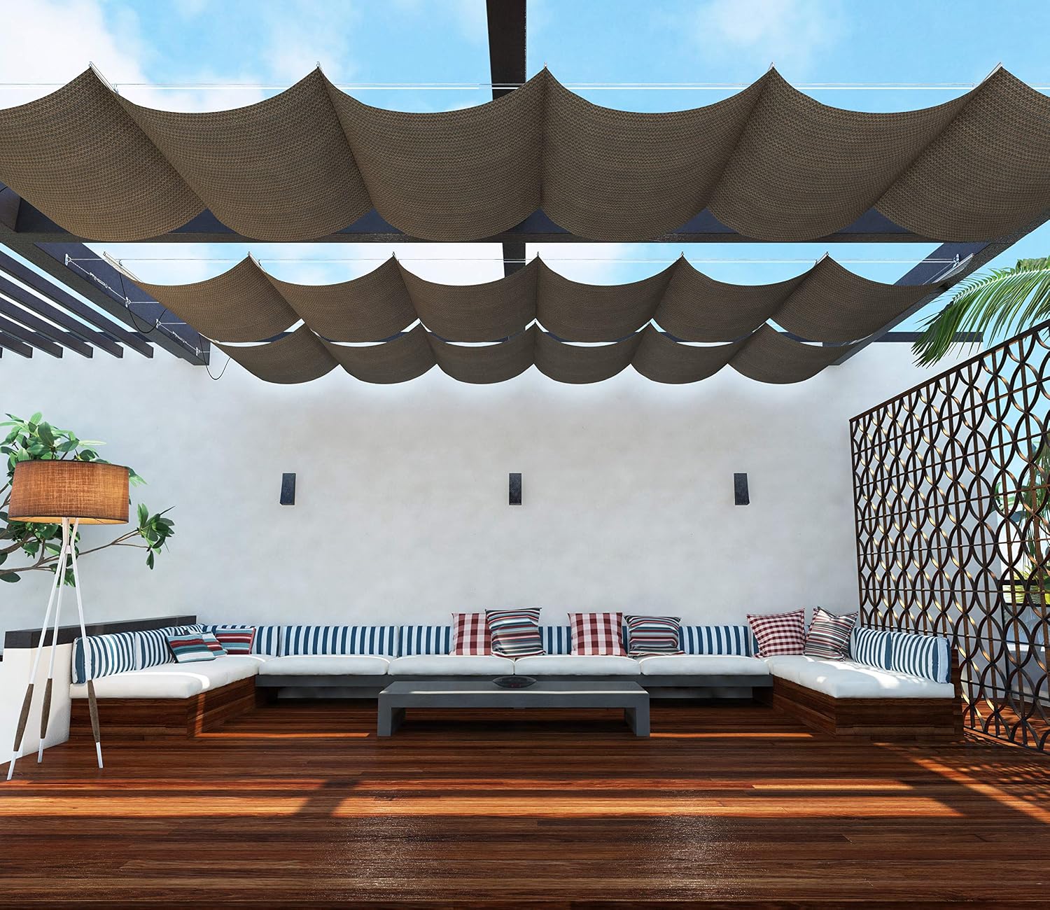 TANG 7' x 12' Pergola Cover Shade Canopy, Retractable Awning Sun Shades Outdoor Patio Pergolas Kit for Deck Backyard Gazebo, Wave Shade Sail with Hardware Wire Cable, Brown