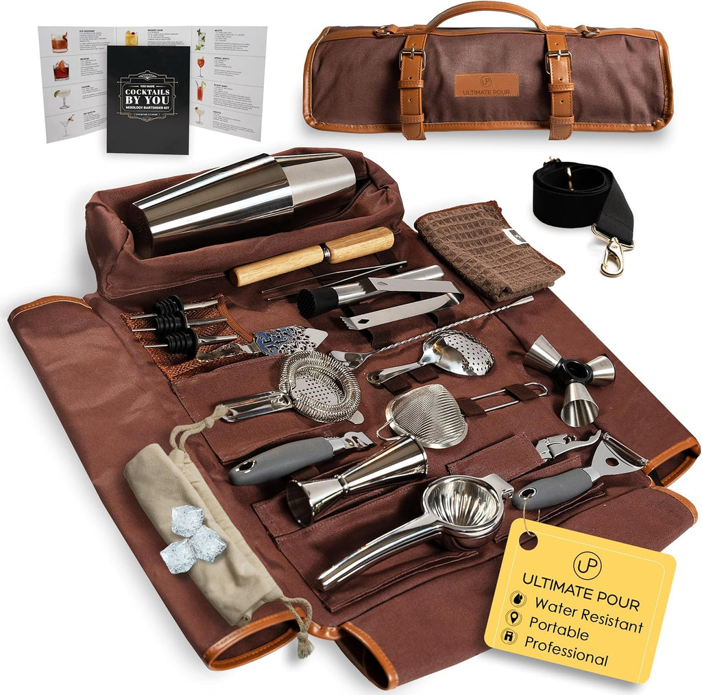 Bartender Kit Travel Bag Cocktail Shaker Set | Portable Bartending Mixology Travel Kit, 18/28 oz Boston Shaker | Pro Barware Tool Set Perfect for Home, Travel, Bar, Parties | 24 Pieces