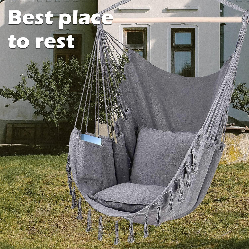 ZLX Hammock Chair Hanging Rope Swing with Hardware Kit and 2 Cushions, Handmade Macrame Hanging Chair for Bedroom Patio Yard Garden, Max 330 Lbs, Grey