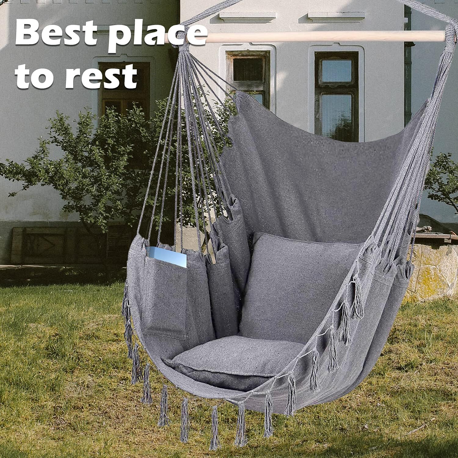 ZLX Hammock Chair Hanging Rope Swing with Hardware Kit and 2 Cushions, Handmade Macrame Hanging Chair for Bedroom Patio Yard Garden, Max 330 Lbs, Grey