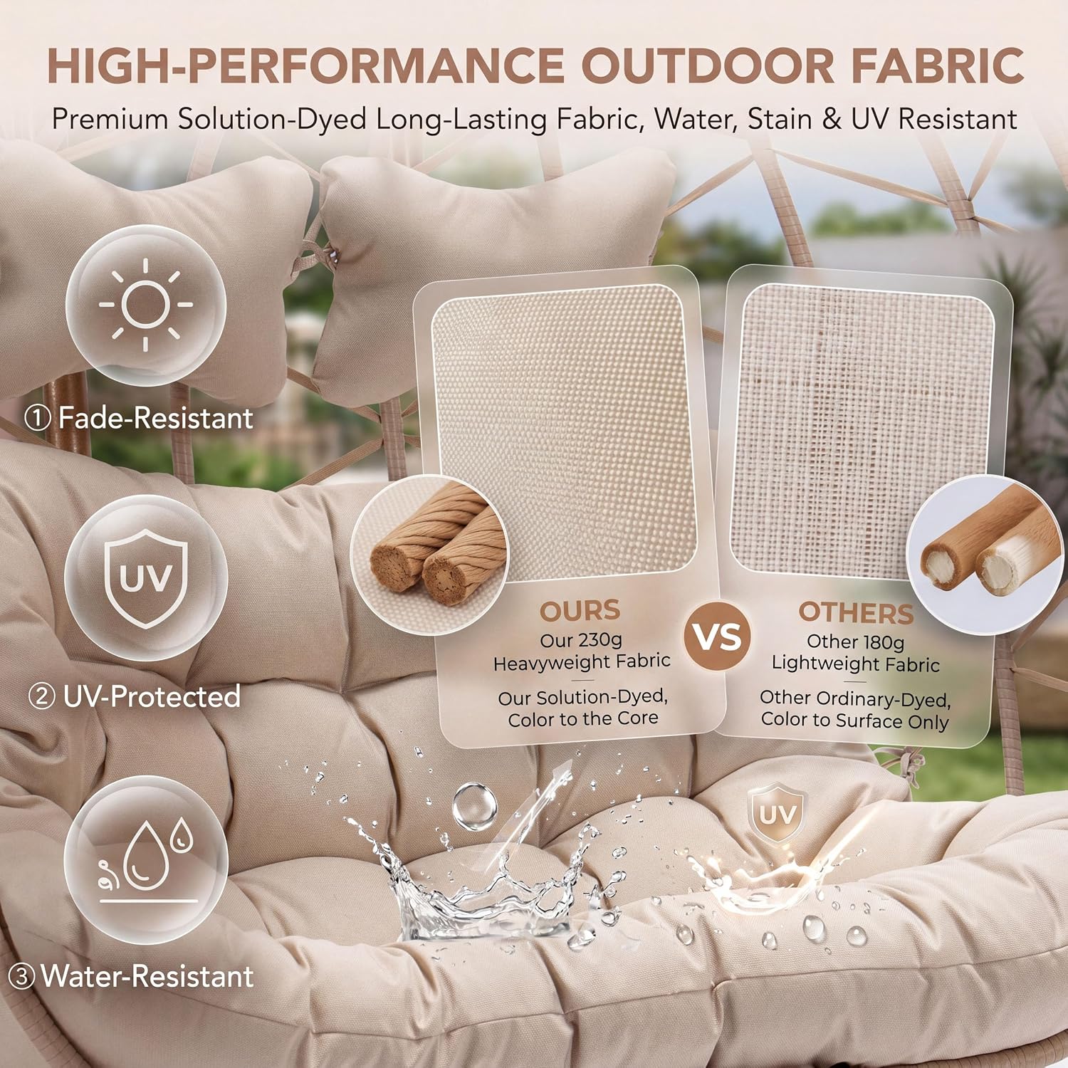 NICESOUL Double Egg Chair Outdoor Indoor, Oversized Swing w/Stand for 2, All-Weather Rattan Hanging Loveseat Comfy, Patio Swinging Seat w/Cushion & Cover for Living Room, Porch, Deck, Beige