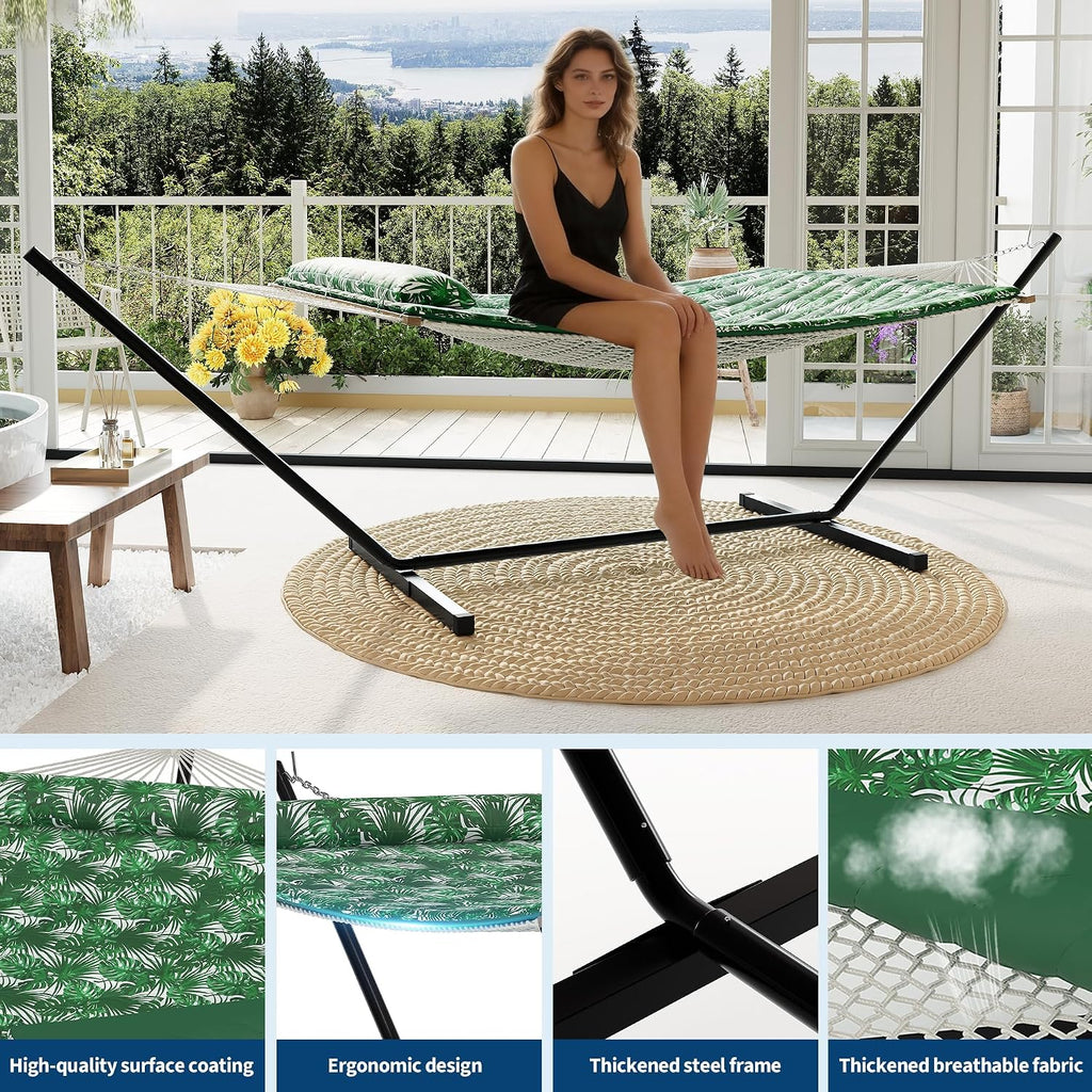 GarveeHome Double Hammock with Heavy-Duty Steel Stand, 2 Person Portable Hammock, 450LBS Max Weight Capacity, Easy Assembly, Ideal for Indoor, Backyard, Camping & Outdoor Use