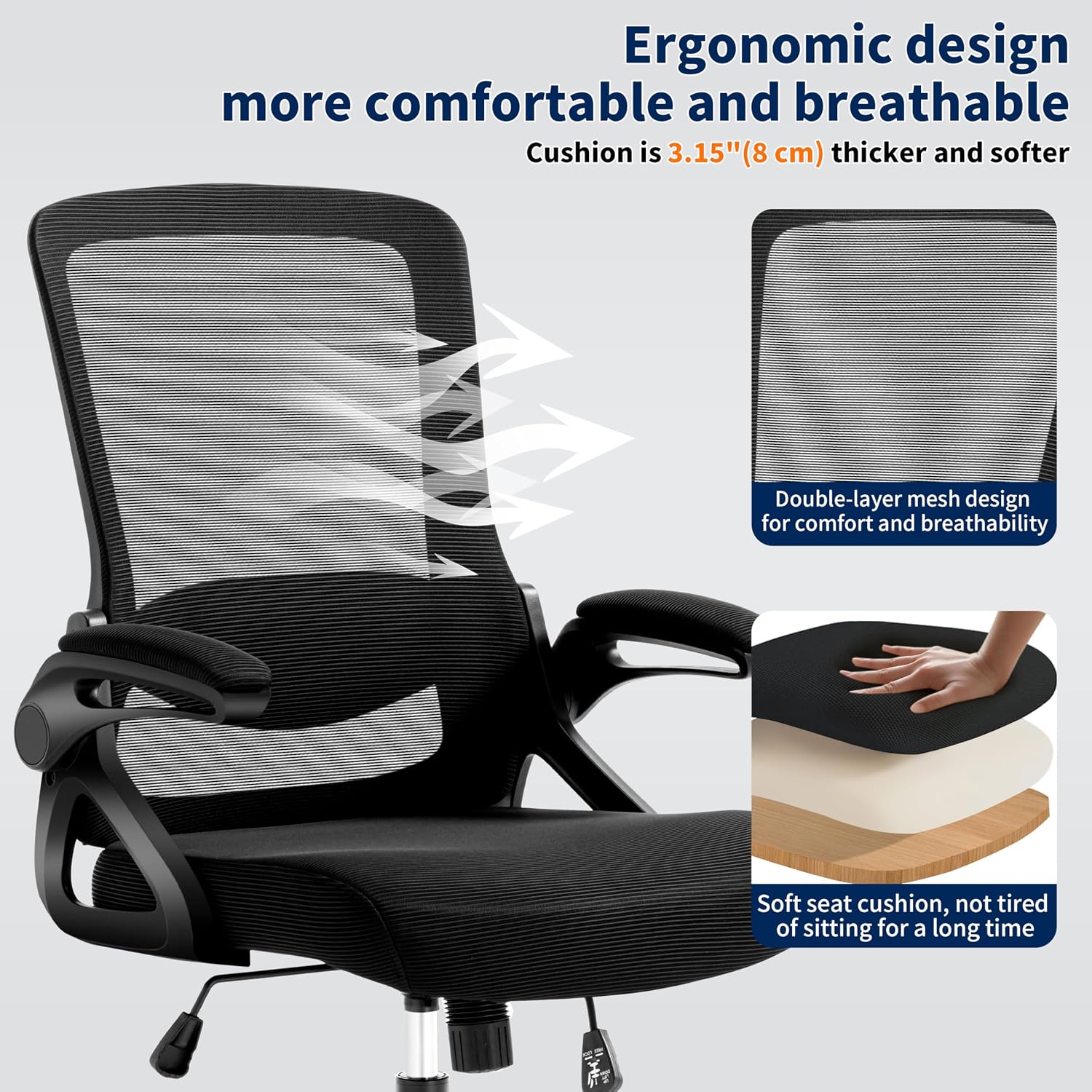 Ergonomic Office Chair, Desk Chair with Adjustable Lumbar Support, Breathable Mesh Comfy Computer Chairs with Flip-up Armrests Executive Task Chair for Adults Home Office (4Pcs)