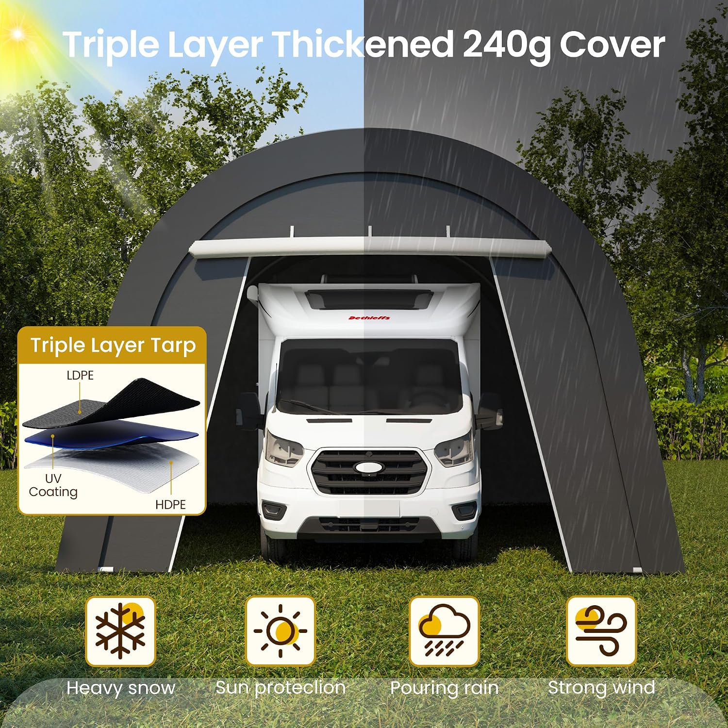 FansaFurn Domed Carport with 4 Cloth Bags, Portable Garage with 2 Roll-up Doors, Heavy Duty Car Canopy Party Tent, All-Season Storage Shelter Shed for Boat, Truck, or Garden Tools, 12' x 25'