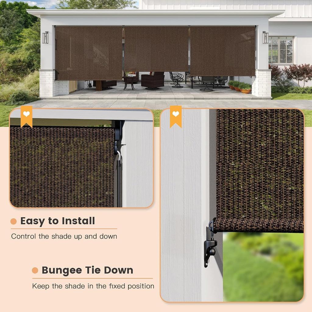VICLLAX Outdoor Roller Shade (9' W×8' L), Patio Cordless Roller Blinds, Exterior Roll Up Shade with Spliced Design for Patio Porch Gazebo, Mocha
