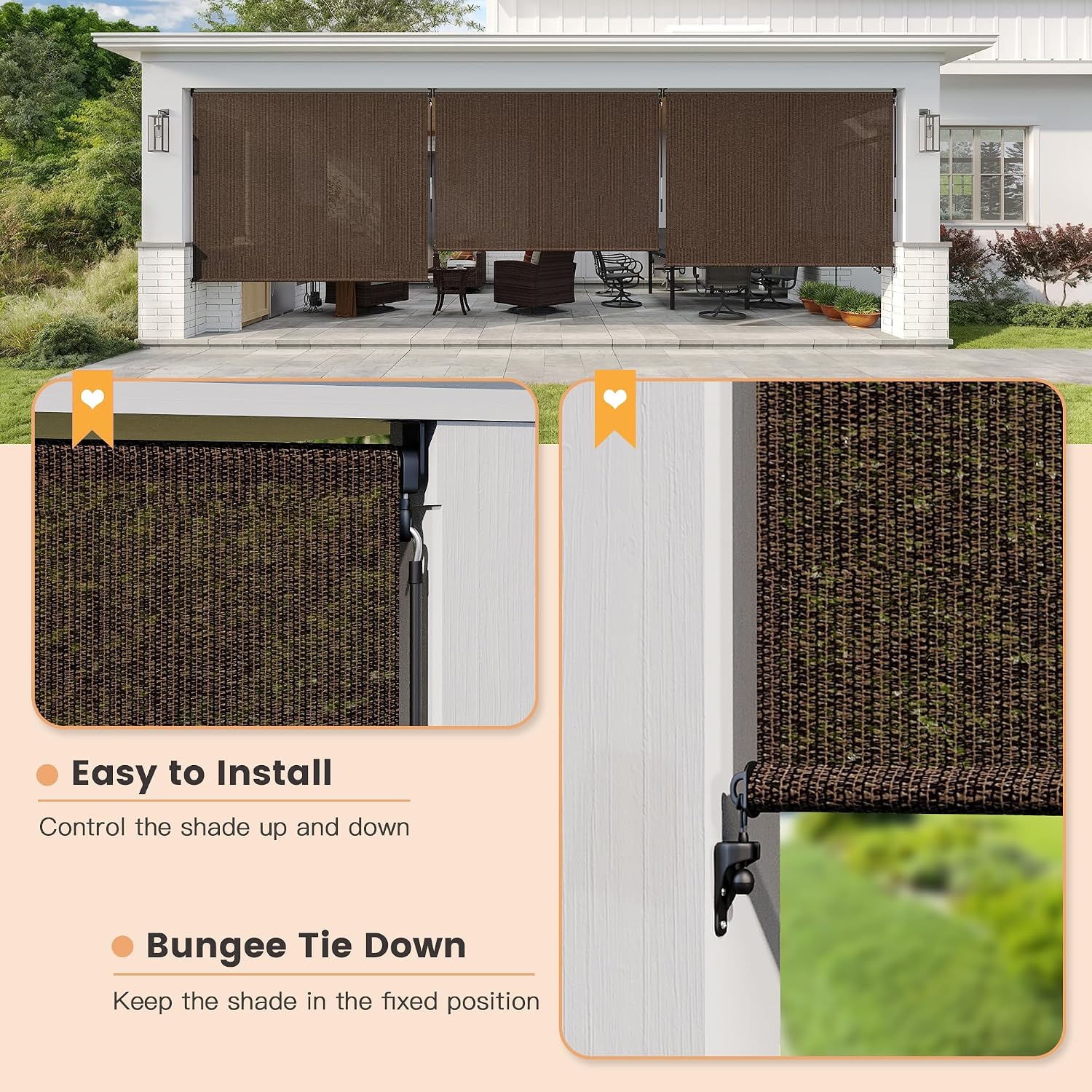 VICLLAX Outdoor Roller Shade (9' W×8' L), Patio Cordless Roller Blinds, Exterior Roll Up Shade with Spliced Design for Patio Porch Gazebo, Mocha