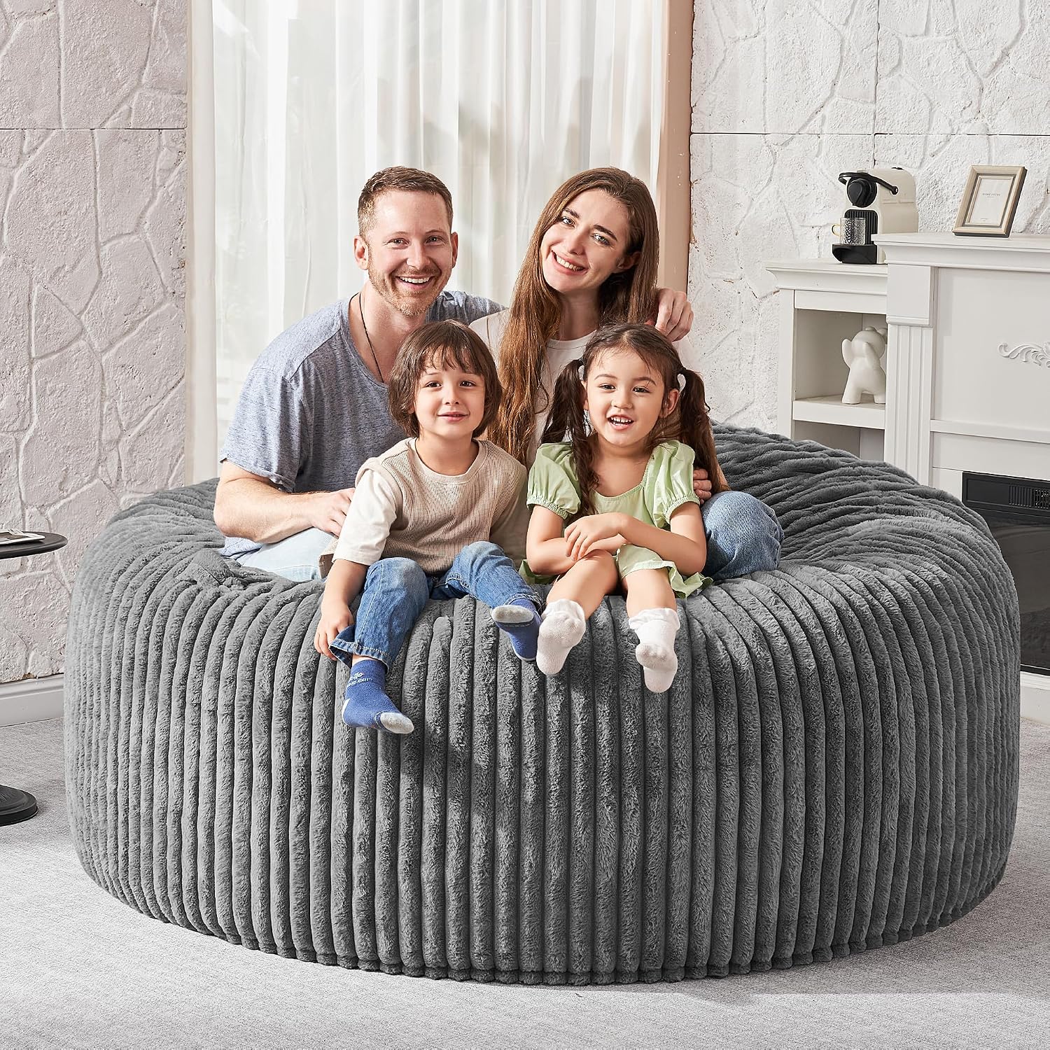 HABUTWAY 6FT Bean Bag Chair, 6' Large Bean Bag Chairs for Adults with Removable Stripe Plush Cover, Memory Foam Beanbag Chair for Living Room Bedroom Dorm，Grey