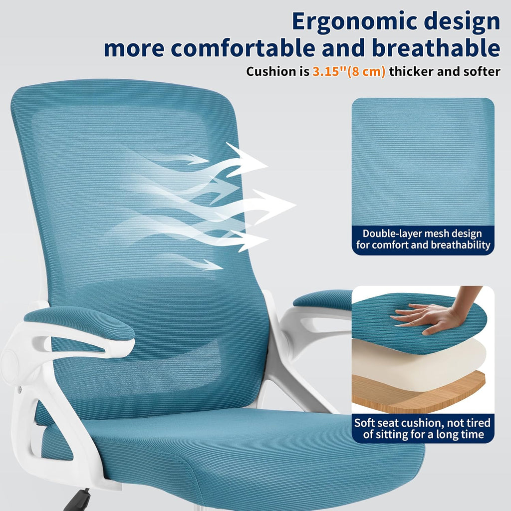 Ergonomic Office Chair, Desk Chair with Adjustable Lumbar Support, Breathable Mesh Comfy Computer Chairs with Flip-up Armrests Executive Task Chair for Adults Home Office (Lake Blue)