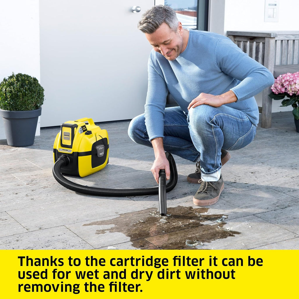 Kärcher WD 1 Compact Battery Powered Wet Dry Shop Vacuum Cleaner Ideal for Car Cleaning with Attachments, Multi Purpose – Blower Feature, Compact Space-Saving Design, Portable (Tool Only)
