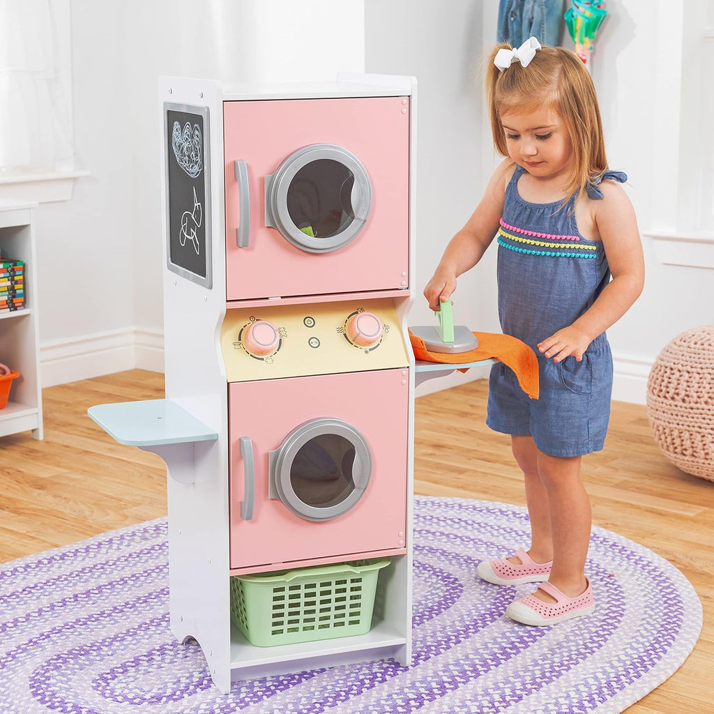KidKraft Laundry Playset Children's Pretend Wooden Stacking Washer and Dryer Toy with Iron and Basket, Pastel, Gift for Ages 3+