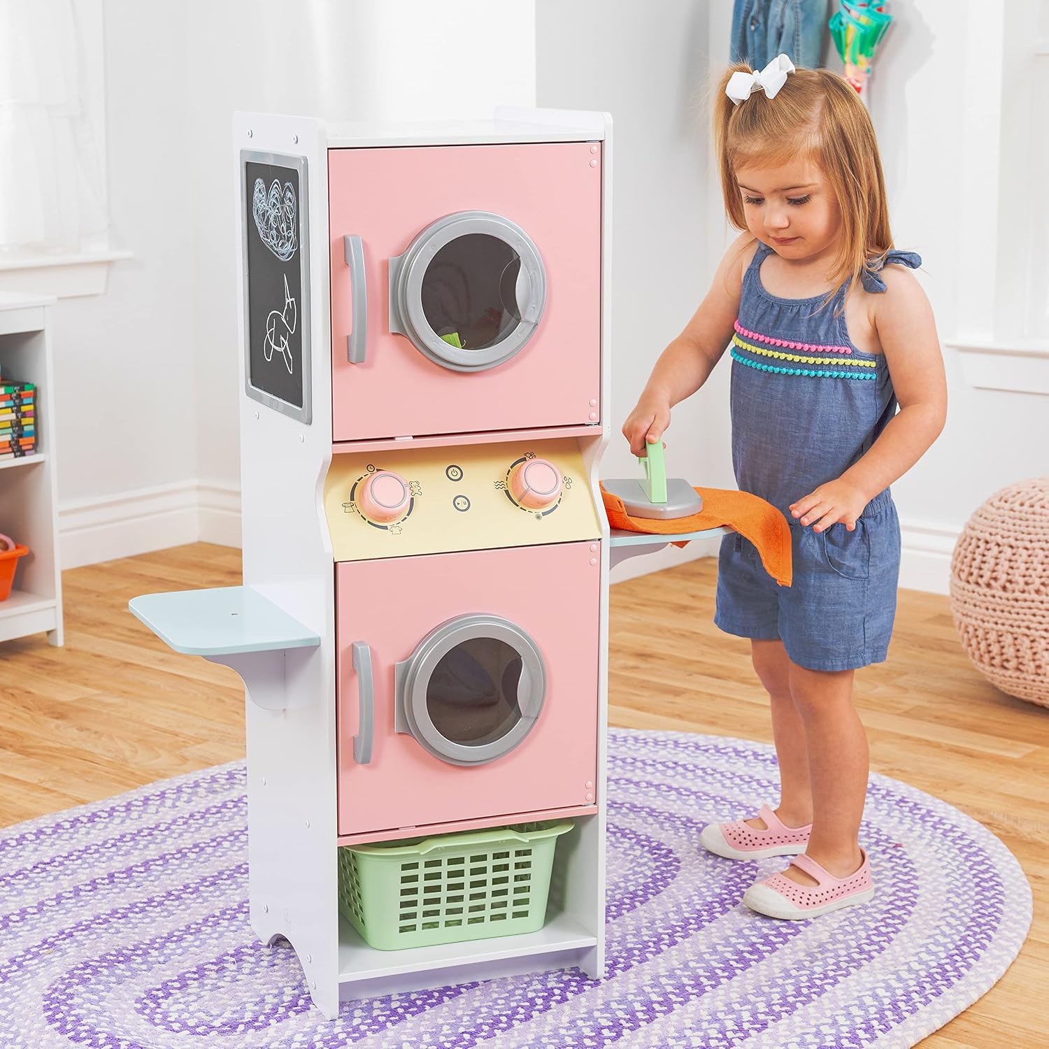 KidKraft Laundry Playset Children's Pretend Wooden Stacking Washer and Dryer Toy with Iron and Basket, Pastel, Gift for Ages 3+
