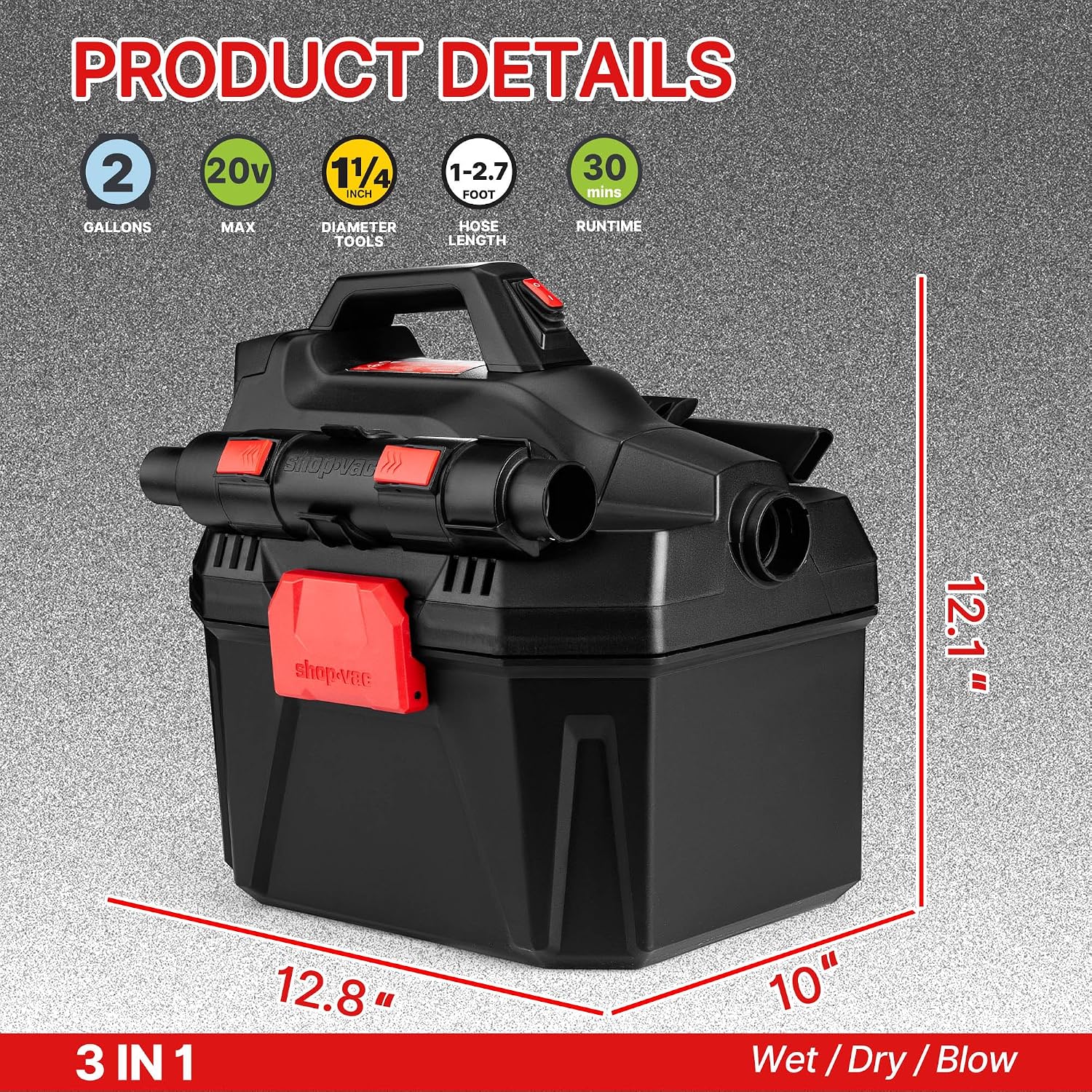 Shop-Vac 2 Gallon 20V Cordless Wet/Dry Vacuum with Detachable Blower, Portable 3-in-1 Vac with Blower Function, Integrated Battery and Charger Included, Ideal for Workshop, Car & Jobsite, 5430082