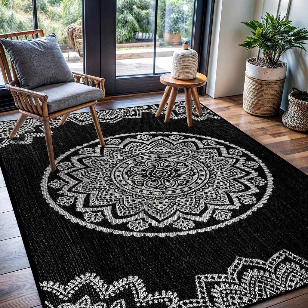 CAMILSON Outdoor Rug 8x10 Modern Area Rugs for Indoor and Outdoor Patios and Porches - Waterproof Washable Non-Shedding Easy-to-Clean Outside Carpet (8 x 10 Medallion - Black/White)