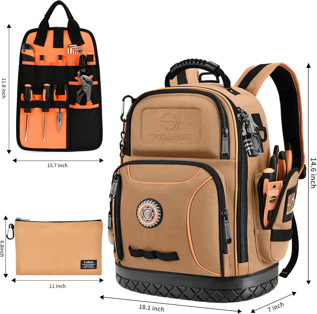 Tool Bag Backpack with 2 Canvas Tool Pouch Tool Kit, 75 Pockets & Loops Heavy Duty Tools Organizer/HVAC Tool Carrier for Eelectrician/Construction Work with Molded Base and Combination Lock, Brown