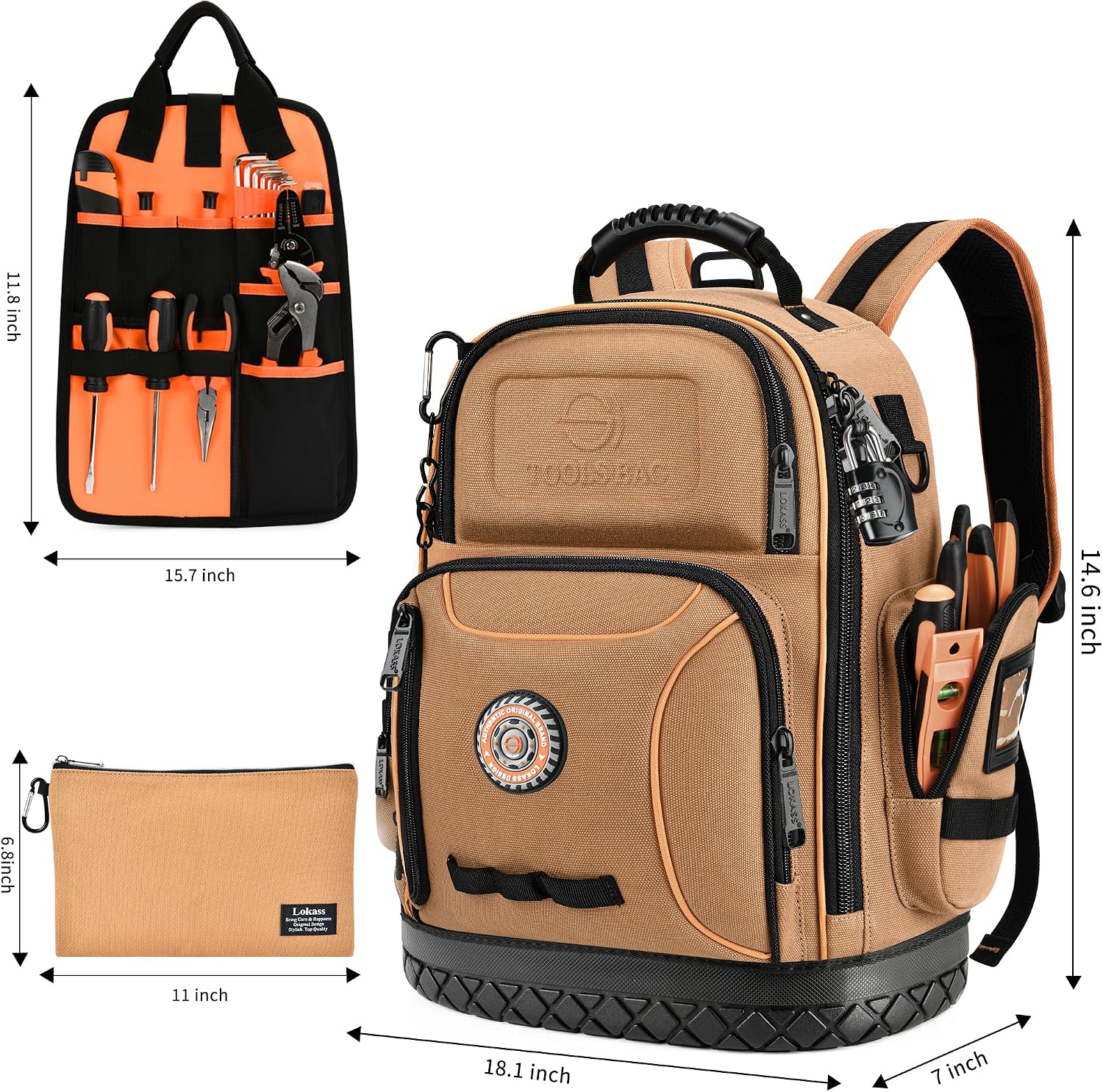 Tool Bag Backpack with 2 Canvas Tool Pouch Tool Kit, 75 Pockets & Loops Heavy Duty Tools Organizer/HVAC Tool Carrier for Eelectrician/Construction Work with Molded Base and Combination Lock, Brown