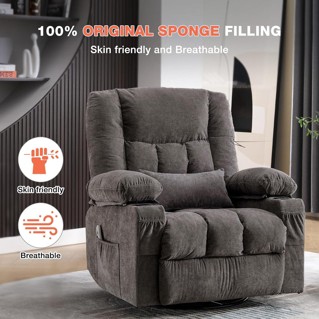 Massage Swivel Recliner Chair with Vibration Massage and Lumbar Heating for Adults,Oversized Rocker Recliner Single Sofa with Side Pocket,Two Cup Holders and USB Charge Port for Living Room