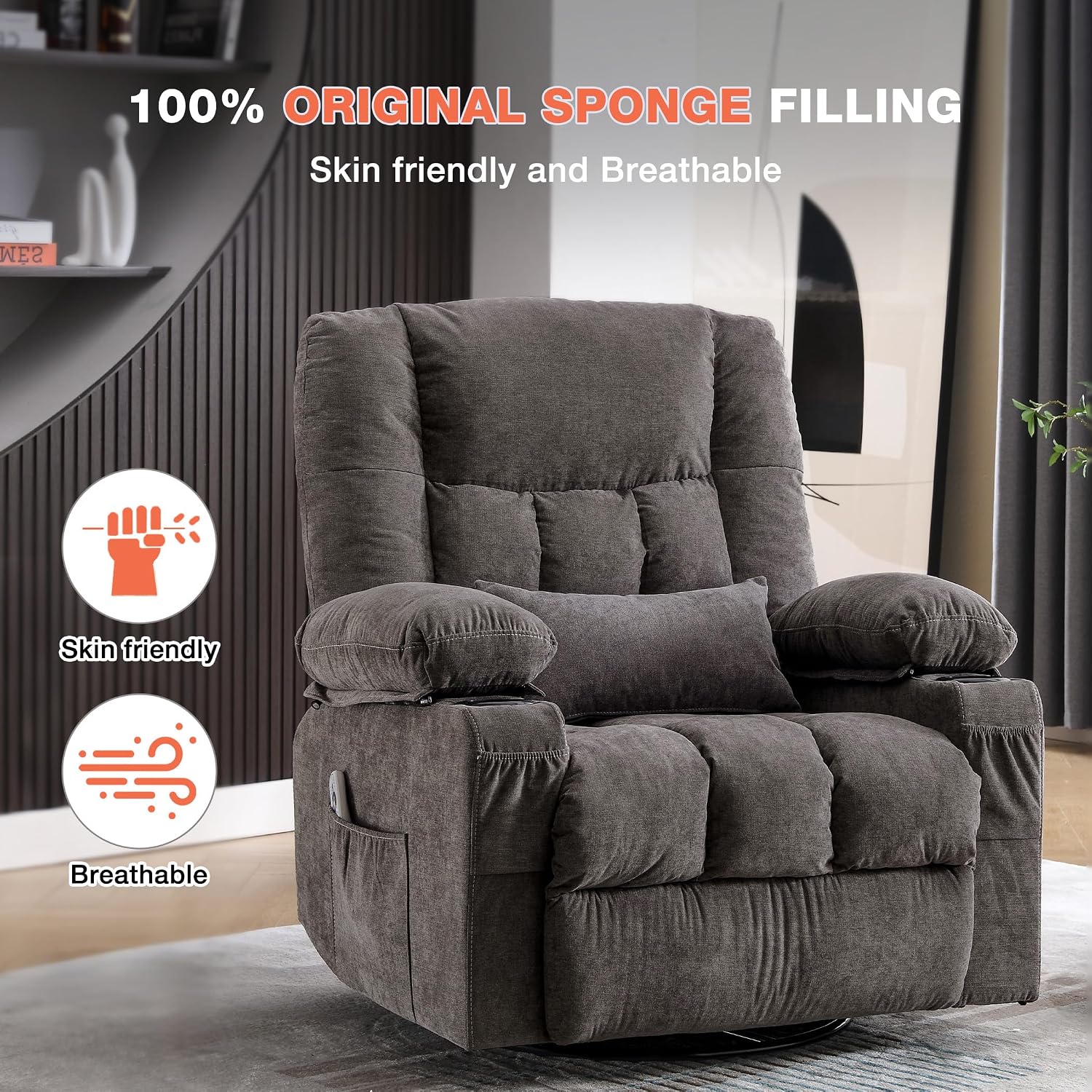 Massage Swivel Recliner Chair with Vibration Massage and Lumbar Heating for Adults,Oversized Rocker Recliner Single Sofa with Side Pocket,Two Cup Holders and USB Charge Port for Living Room