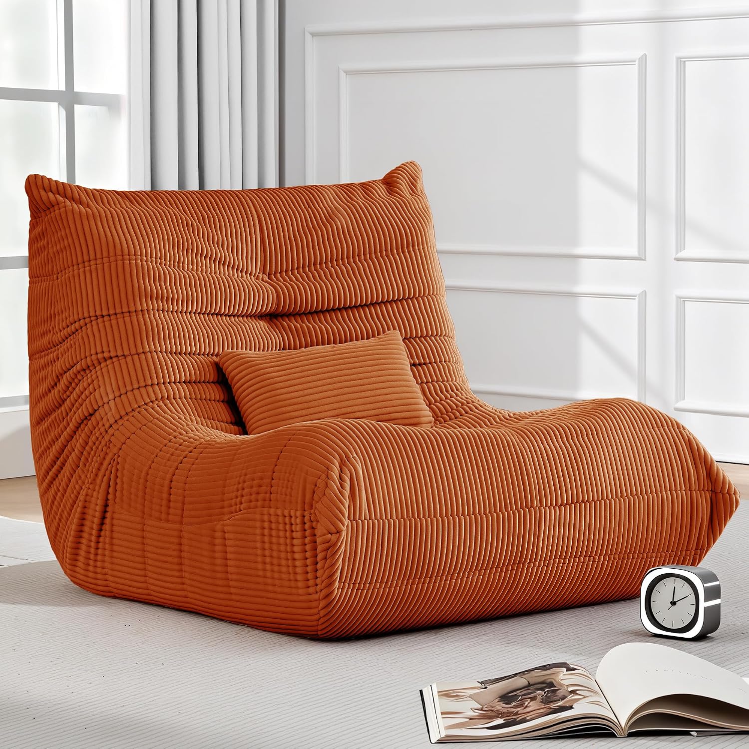 Bean Bag Chair for Adults, Giant Bean Bag Chairs with Lumbar Pillow, Oversized Corduroy Memory Foam Boneless Chair with High-Rebound, Lazy Floor Sofa for Reading Gaming Living Room Bedroom, Orange