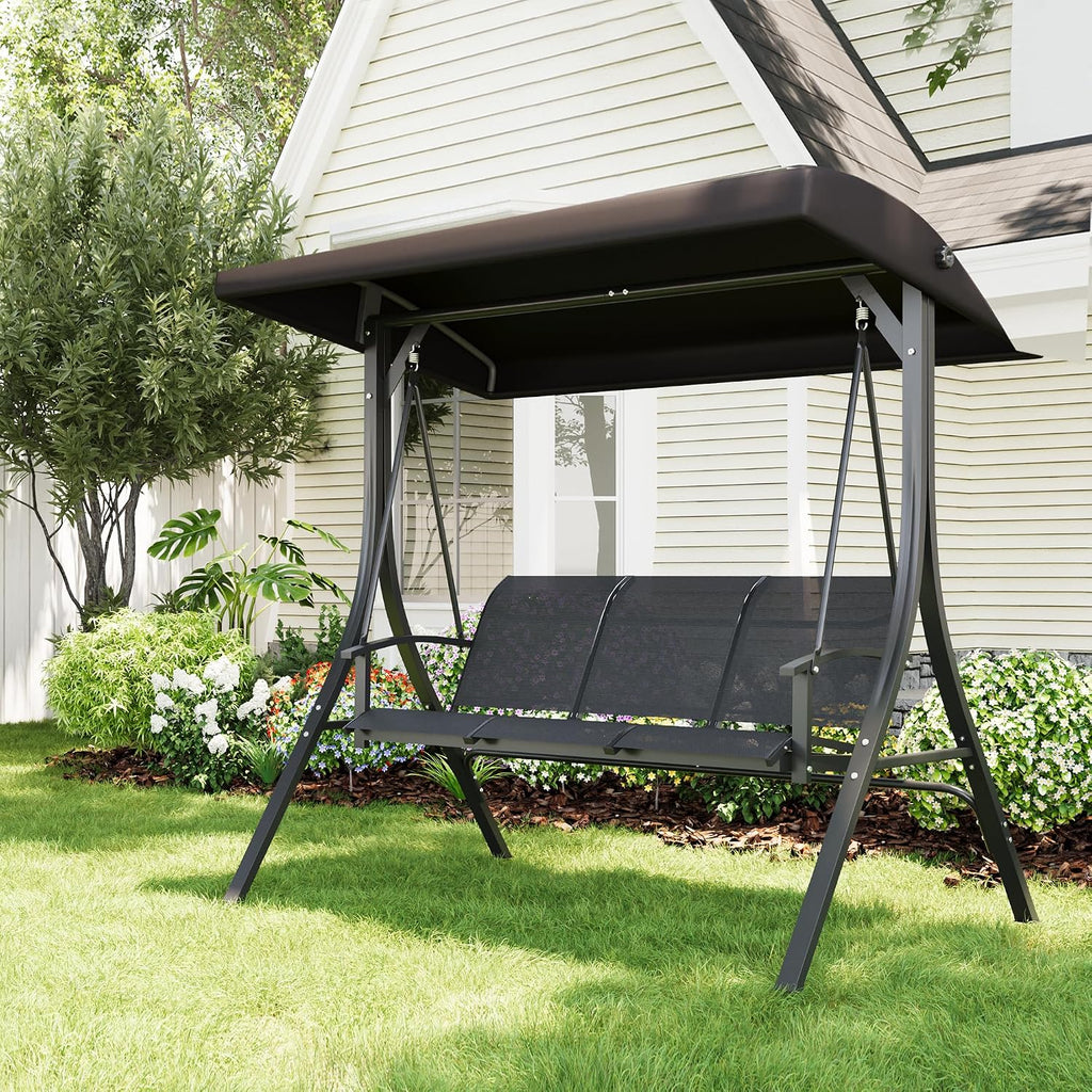 GarveeLife 3-Seat Patio Swing Chair, Outdoor Porch Hanging Swings with Adjustable Canopy and Armrests, Breathable Textilene Fabric Seat & Backrest, Swing Bench for Garden, Poolside, Backyard, Black