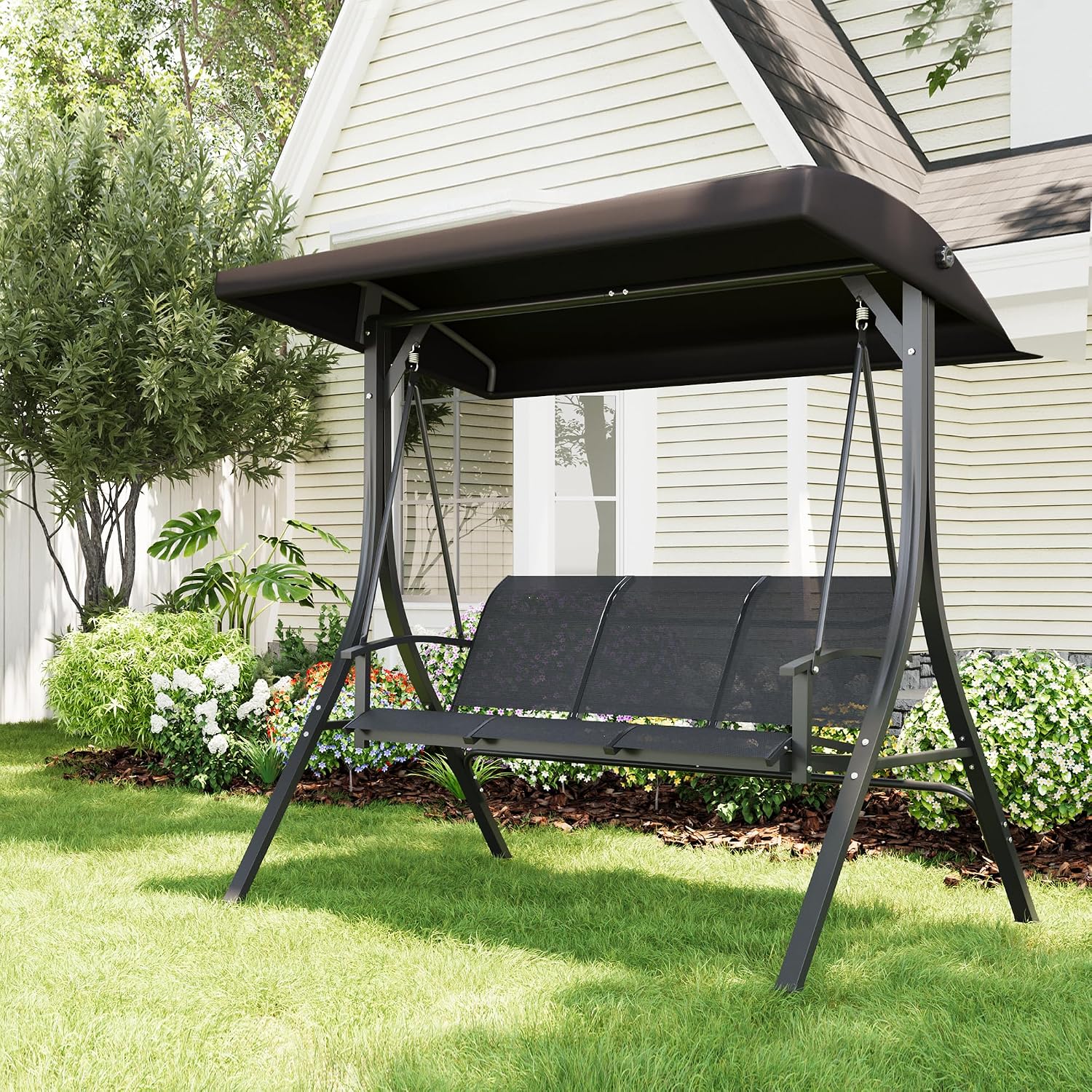 GarveeLife 3-Seat Patio Swing Chair, Outdoor Porch Hanging Swings with Adjustable Canopy and Armrests, Breathable Textilene Fabric Seat & Backrest, Swing Bench for Garden, Poolside, Backyard, Black