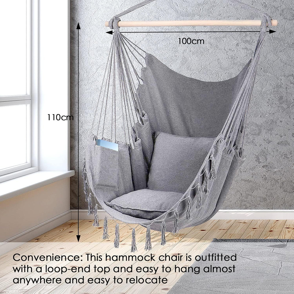 ZLX Hammock Chair Hanging Rope Swing with Hardware Kit and 2 Cushions, Handmade Macrame Hanging Chair for Bedroom Patio Yard Garden, Max 330 Lbs, Grey