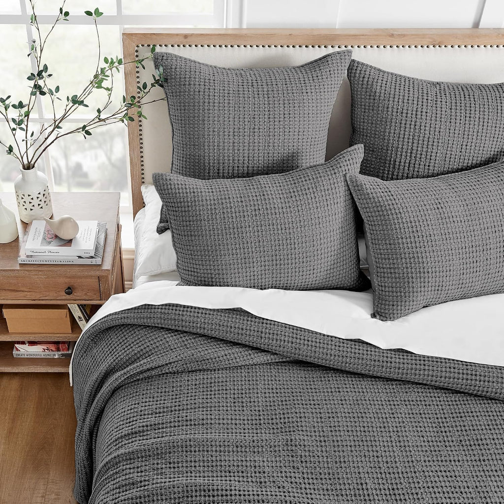 Levtex Home Mills Waffle Full/Queen Quilt Set (88x92in) with 2 Pillow Shams (26x20in) - Charcoal - 100% Cotton Full/Queen Size Quilt Bedding Set - Lightweight, Soft, Pre-Washed