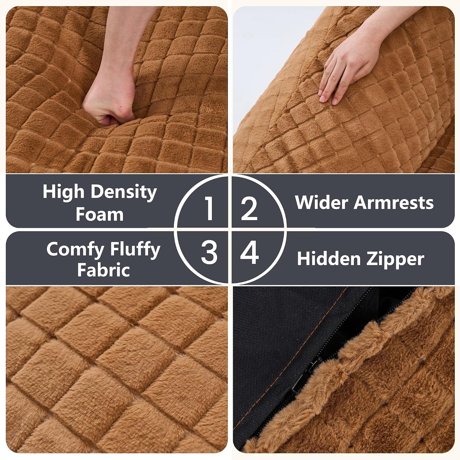 Bean Bag Chairs for Adults, Giant Beanbag Sofa Comfy Reading Chair, Oversized Bean Bag Chairs for Living Room Bedroom, Soft Faux Fur Fabric, 3.2FT, Khaki, Checkered