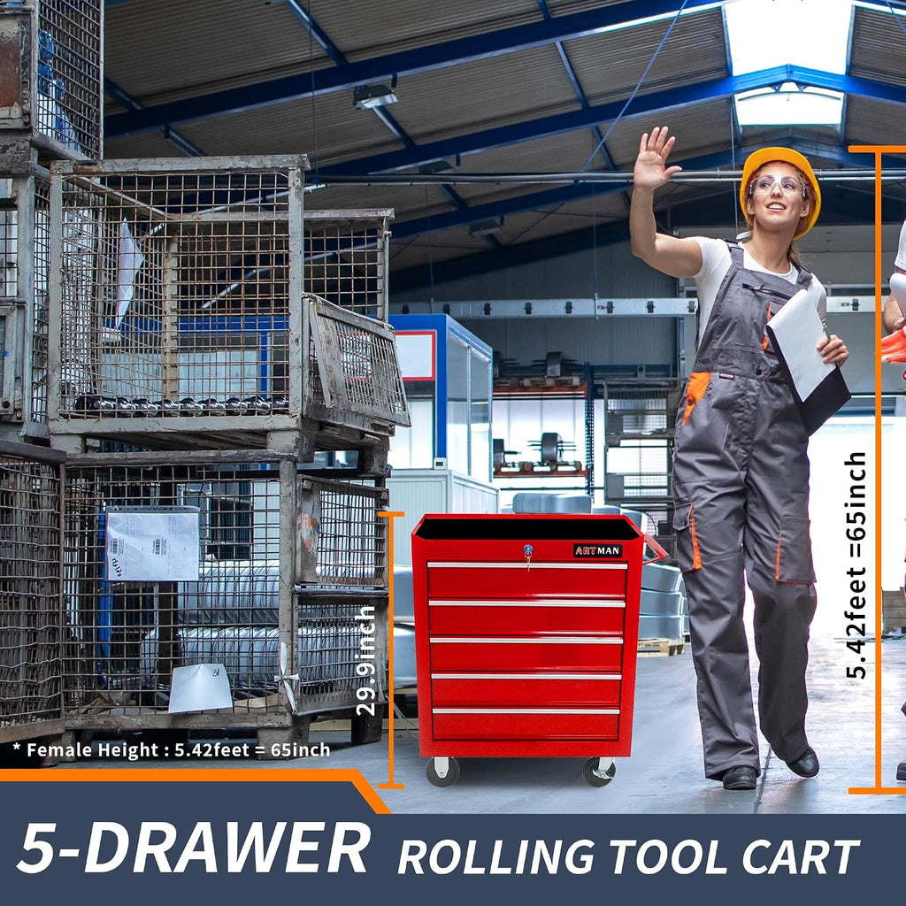 5 Drawers Rolling Tool Box，Tool Chest on Wheels, Lockable Tool Storage Cabinet Organizer Cabinet for Garage, Warehouse, Repair Shop, Workshop