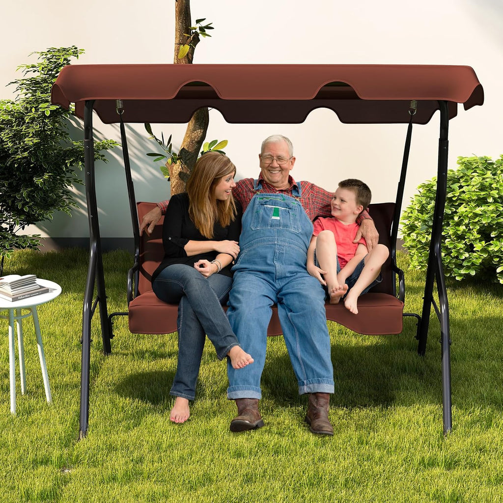 DREAMADE Porch Swing Outdoor, 3 Person Patio Swing w/Removable Cushion, Stand & Adjustable Canopy, Heavy Duty Swing Chair for Patio, Garden, Courtyard, Poolside