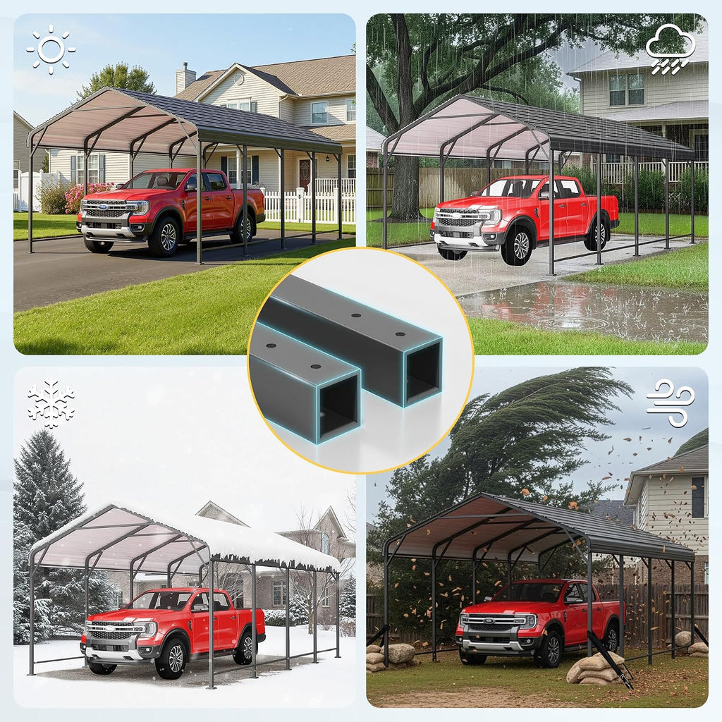 Wisteria Lane 12 x 20 FT Metal Carport, Heavy Duty Carport Canopy with Reinforced Frame and Base for All-Weather, Outdoor Garage Car Port for Boats, Tractors, Pickup Trucks or Party, Dark Gray