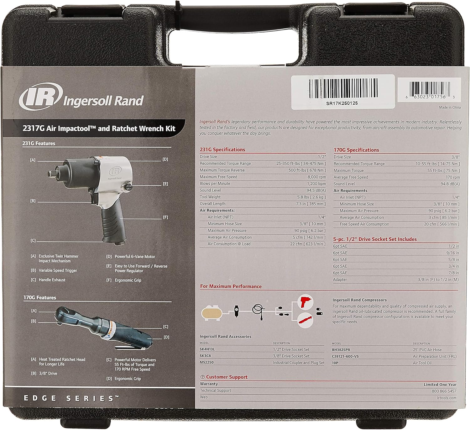 Ingersoll Rand 2317G 1/2' Air Impact Wrench and 3/8' Air ratchet Combination Kit, incl 5-piece Socket Set, Carrying case