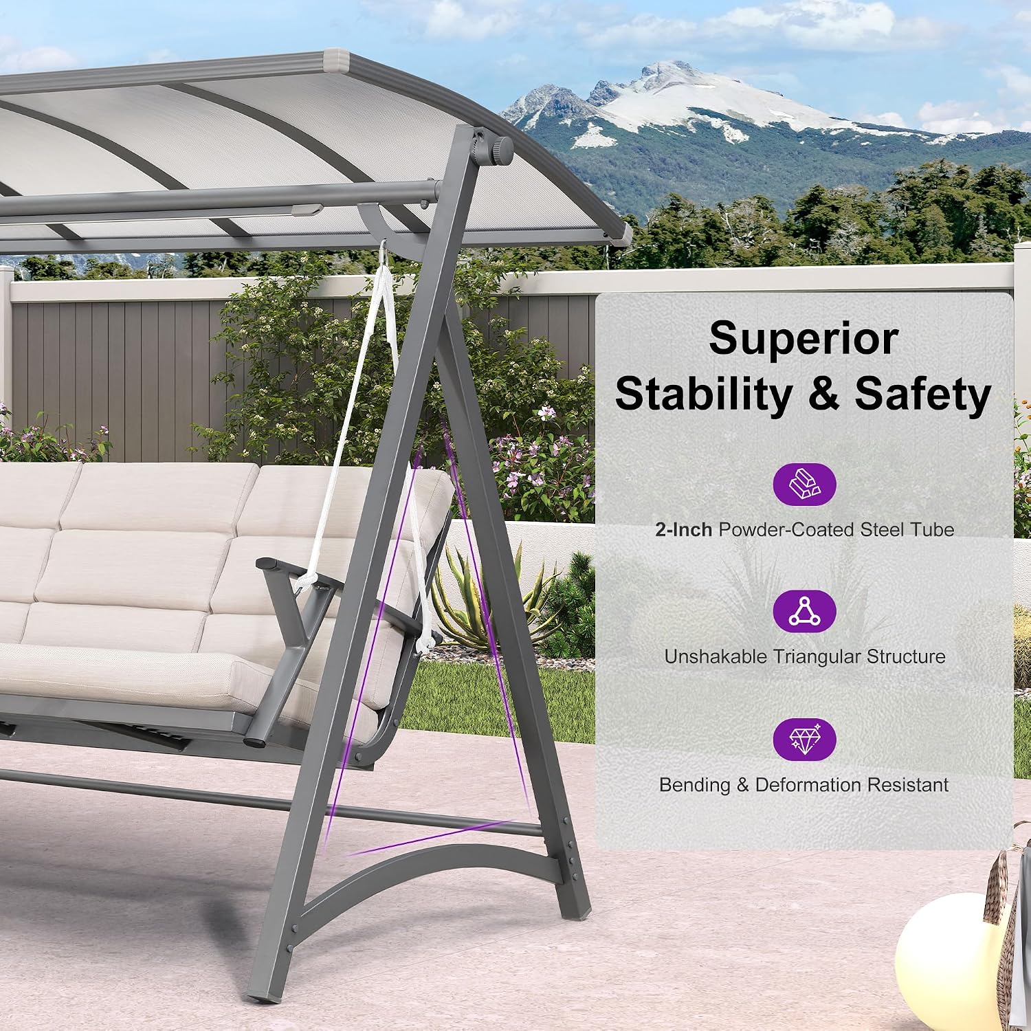 PURPLE LEAF Porch Swing 3 Person Patio Swing Chair with PVC Canopy Outdoor Deluxe Modern Yard Hammock Swinging Chairs w/Solar LED Light and Cushions for Backyard Glider Outside Loveseat Bench