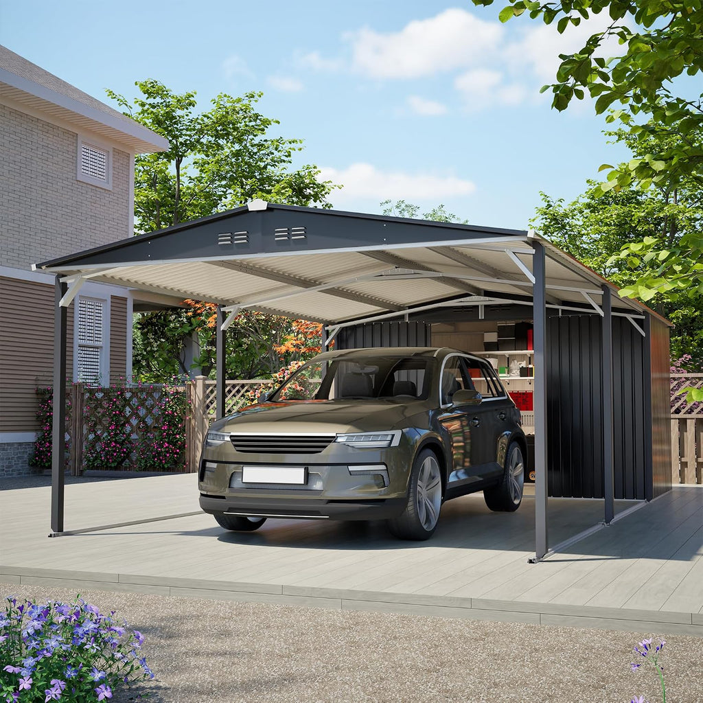 KEIKI 12x23 FT Heavy Duty Metal Carport with Storage Shed, Steel Garage Shelter with Sliding Door, Waterproof Sloped Roof, UV Protection Panels, Outdoor Car Canopy for Car, Boat, Tractor