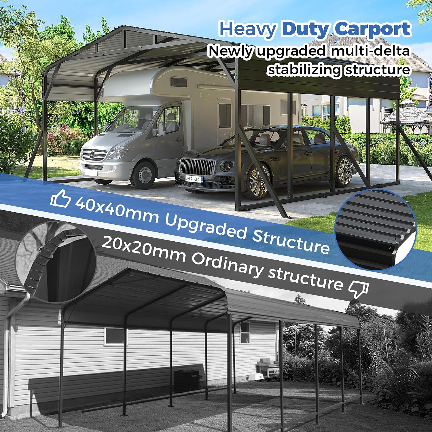 AirWire 20'x20' Heavy Duty Carport Canopy for 2 Car, Metal Car Port Garage with Galvanized Steel Roof and Reinforced Stable Triangle Frame Base, Large Car Tent Shelter for Car, Pickup, Tractor, Boat