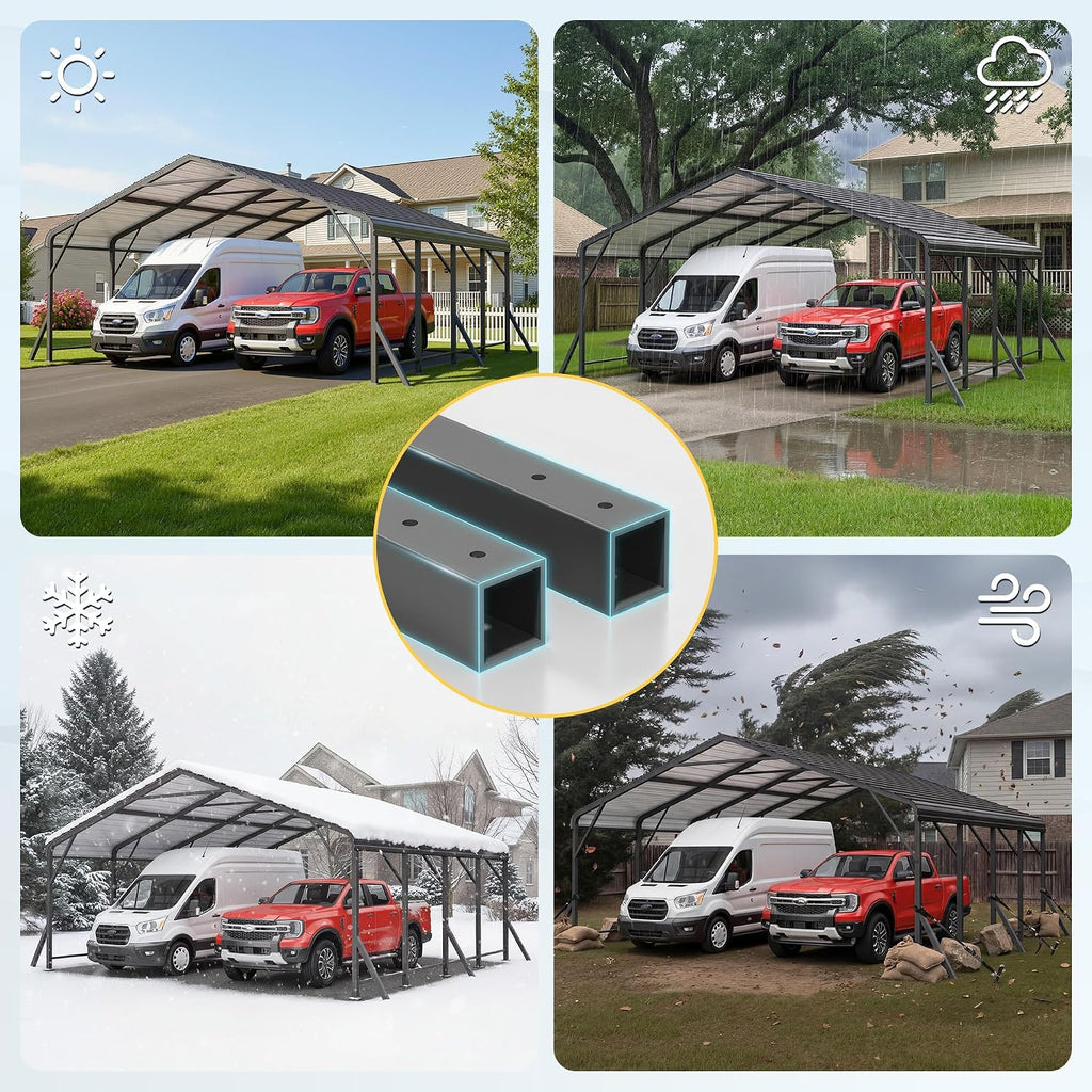 20x20 FT Metal Carport with Updated Roof & Enhanced Base, Heavy Duty Canopy Carport Garage, Vertaile for Car, Truck, Boat, Tractors, Party, Grey