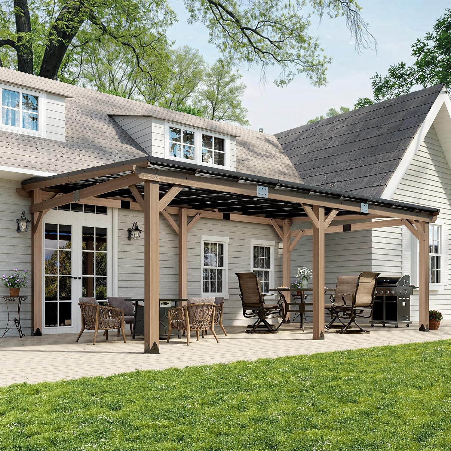 12x20FT Wall Mounted Gazebo Ceder Wood Lean to Gazebo with Sloping Roof Outdoor Hardtop Pergola Awnings with Galvanized Steel Roof for Patio, Deck, Backyard