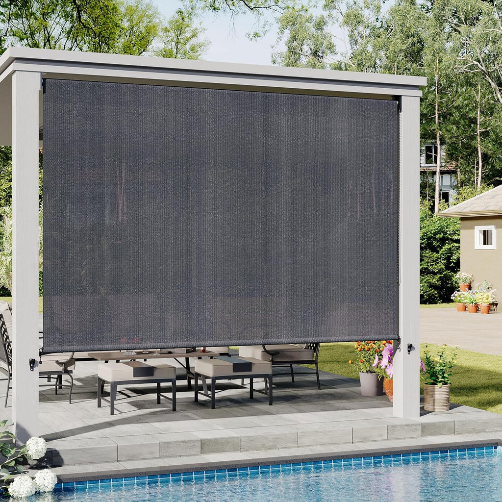 VICLLAX Outdoor Roller Shade (10' W×8' L), Patio Corded Roller Blinds, Exterior Roll Up Shade with Spliced Design for Patio Porch Gazebo, Grey