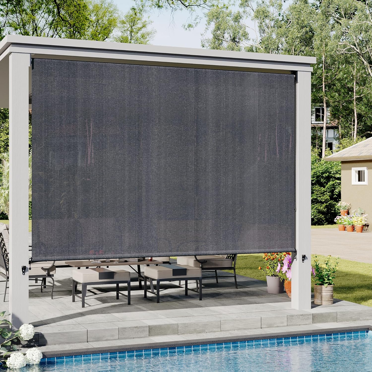 VICLLAX Outdoor Roller Shade (10' W×8' L), Patio Corded Roller Blinds, Exterior Roll Up Shade with Spliced Design for Patio Porch Gazebo, Grey