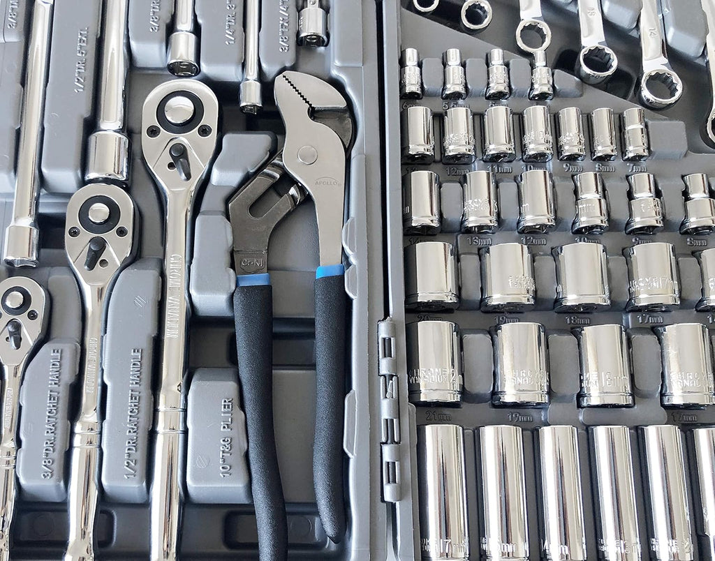 Apollo Tools 163 Piece SAE and Metric Mechanics and Automotive Tool Set with 72-Teeth Ratchets and Extensive Socket Assortment in Chrome Vanadium Steel Construction - Blue- DT0002