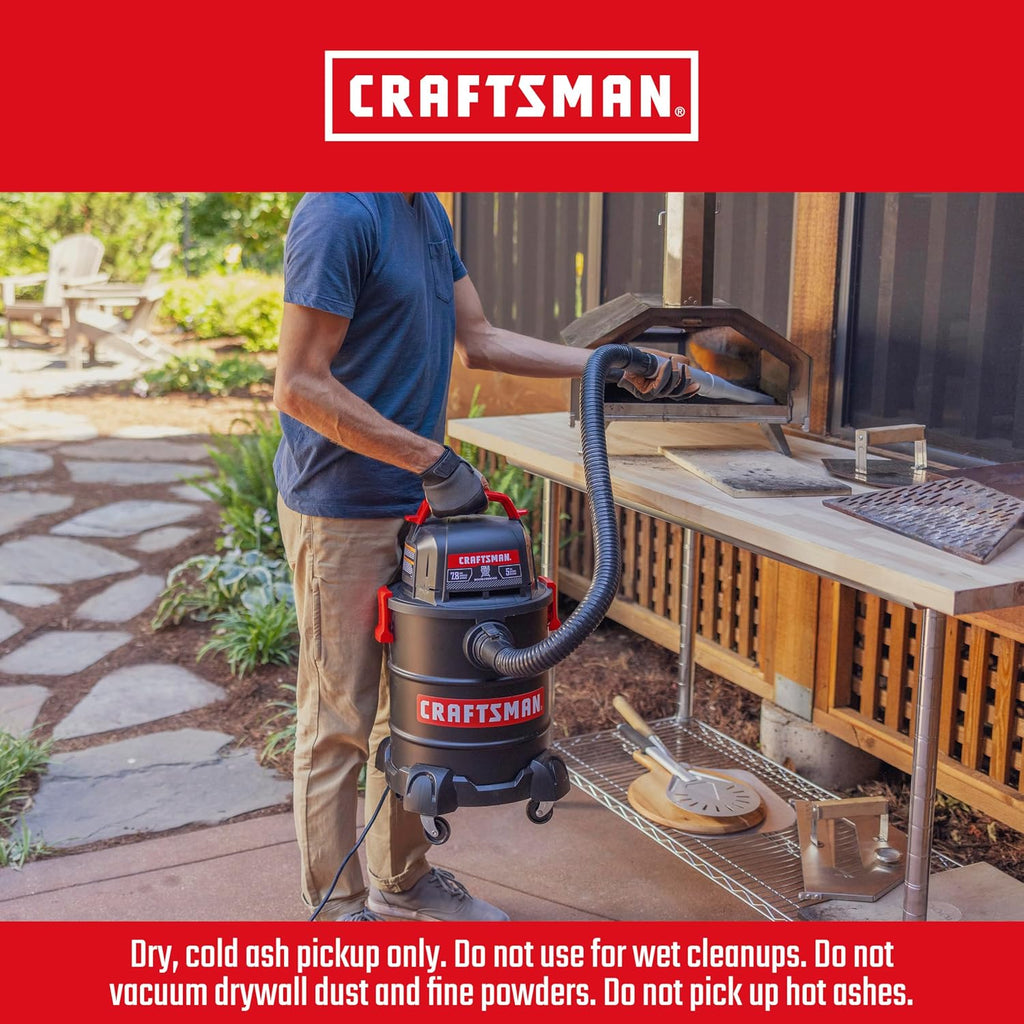CRAFTSMAN CMXEVBE17050 5 Gallon 7.8 Amp Ash and Grilling Vacuum, Portable Dry Only Shop Vacuum with Drum Filter, Cartridge Filter, Hose and Attachments for Cool/Dry Ash Cleaning