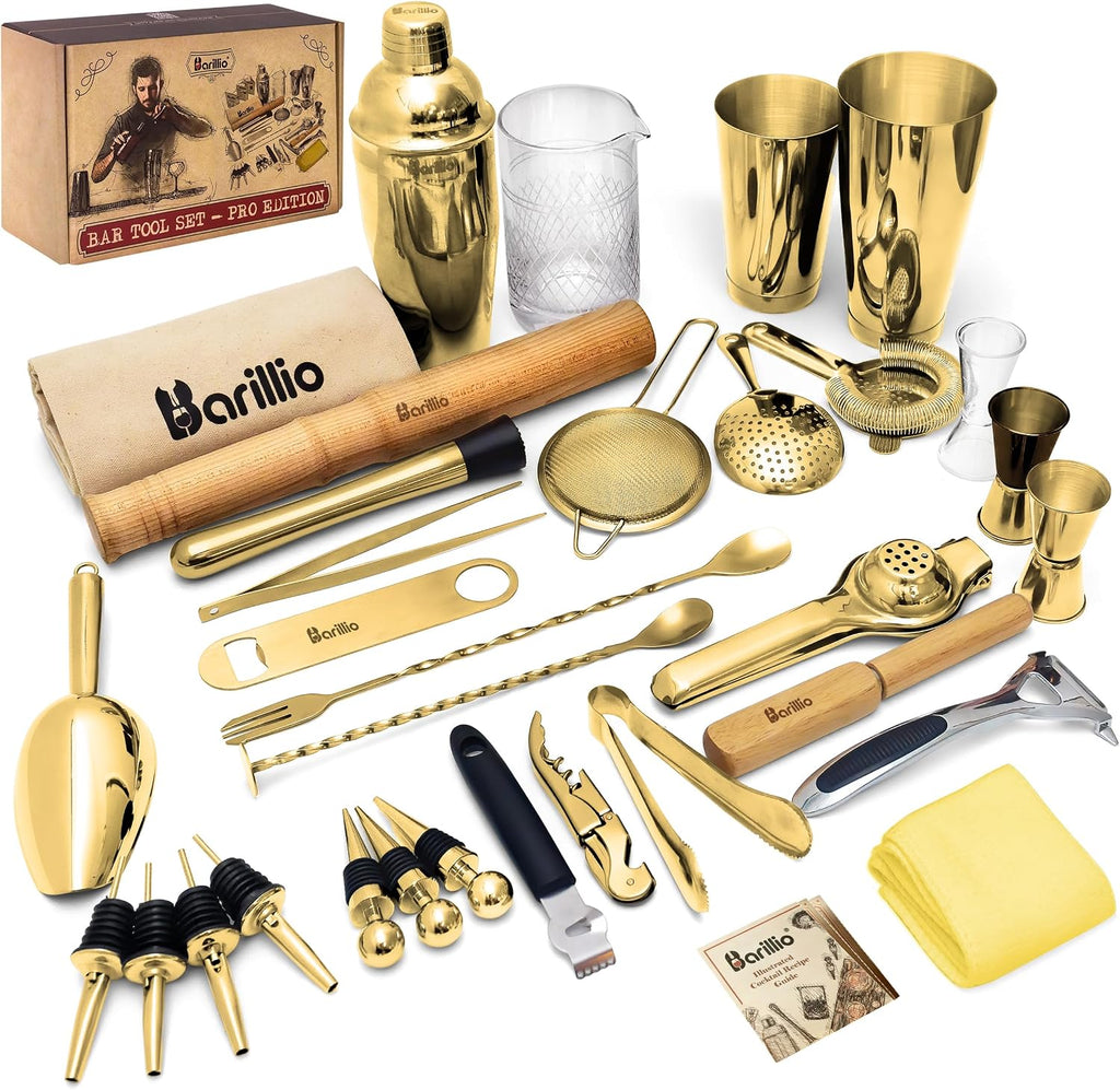 Barillio Bar Tool Set Pro Edition - Gold Stainless-Steel Cocktail Shaker Set - Mixology Bartender Kit w/Boston Shaker, Drink Mixer & Muddler for Cocktails - Home Bar Accessories - 32-Pc Bar kit