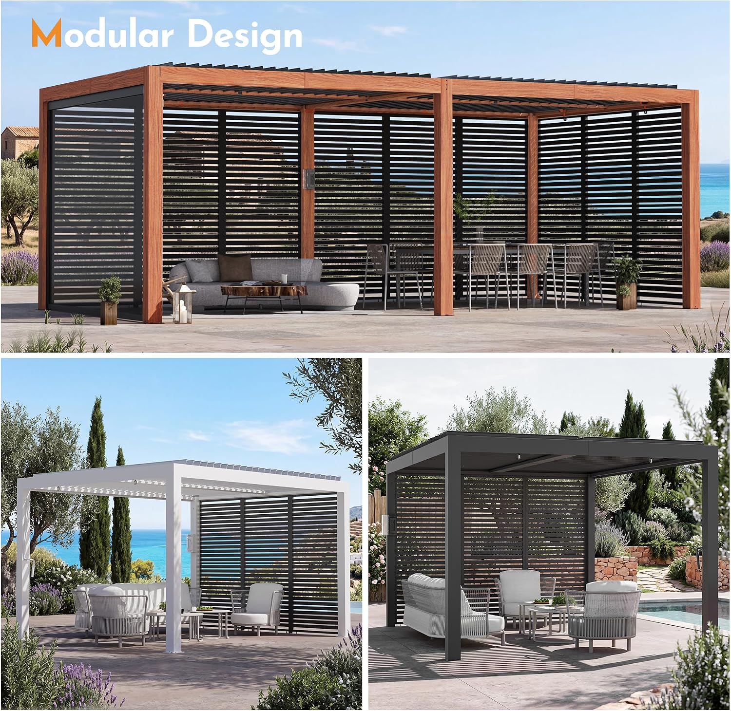 Modern Shade Pergola Accessories Privacy Screen 10 ft for Louvered Pergola, Galvanized Steel Shade Screen Privacy Shade Panels, Easy Installation Modular Pergola Screens for Patio, Backyard, Black