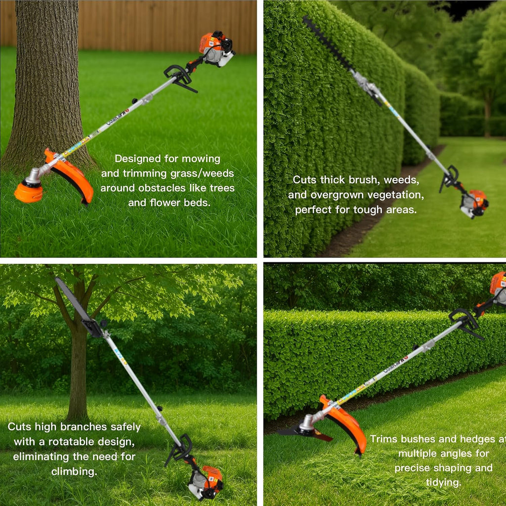 63cc 2-Cycle Gas Multi-Trimmer | 4-in-1 String Trimmer w/Rotatable Pole Saw, Weed Eater Weed Wacker, Brush Cutter & Hedge Trimmer Gas for Lawn, Yard, Garden Care, All-in-one Garden Tool