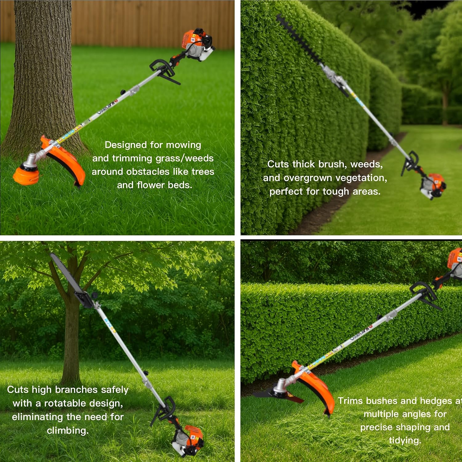 63cc 2-Cycle Gas Multi-Trimmer | 4-in-1 String Trimmer w/Rotatable Pole Saw, Weed Eater Weed Wacker, Brush Cutter & Hedge Trimmer Gas for Lawn, Yard, Garden Care, All-in-one Garden Tool