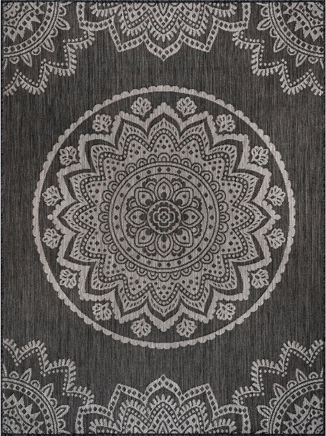 CAMILSON Outdoor Rug 8x10 Modern Area Rugs for Indoor and Outdoor Patios and Porches - Waterproof, Non-Shedding, Easy-to-Clean Outside Carpet (8 x 10, Medallion - Dark Grey/Light Grey)