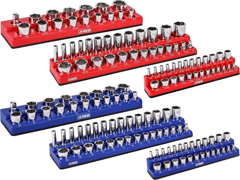 ARES 60058-6-Piece Magnetic Socket Organizers - Metric and SAE Set Blue and Red -1/4 in, 3/8 in, 1/2 in Socket Holders -143 Pieces of Standard (Shallow) and Deep Sockets -Organize Your Tool Box
