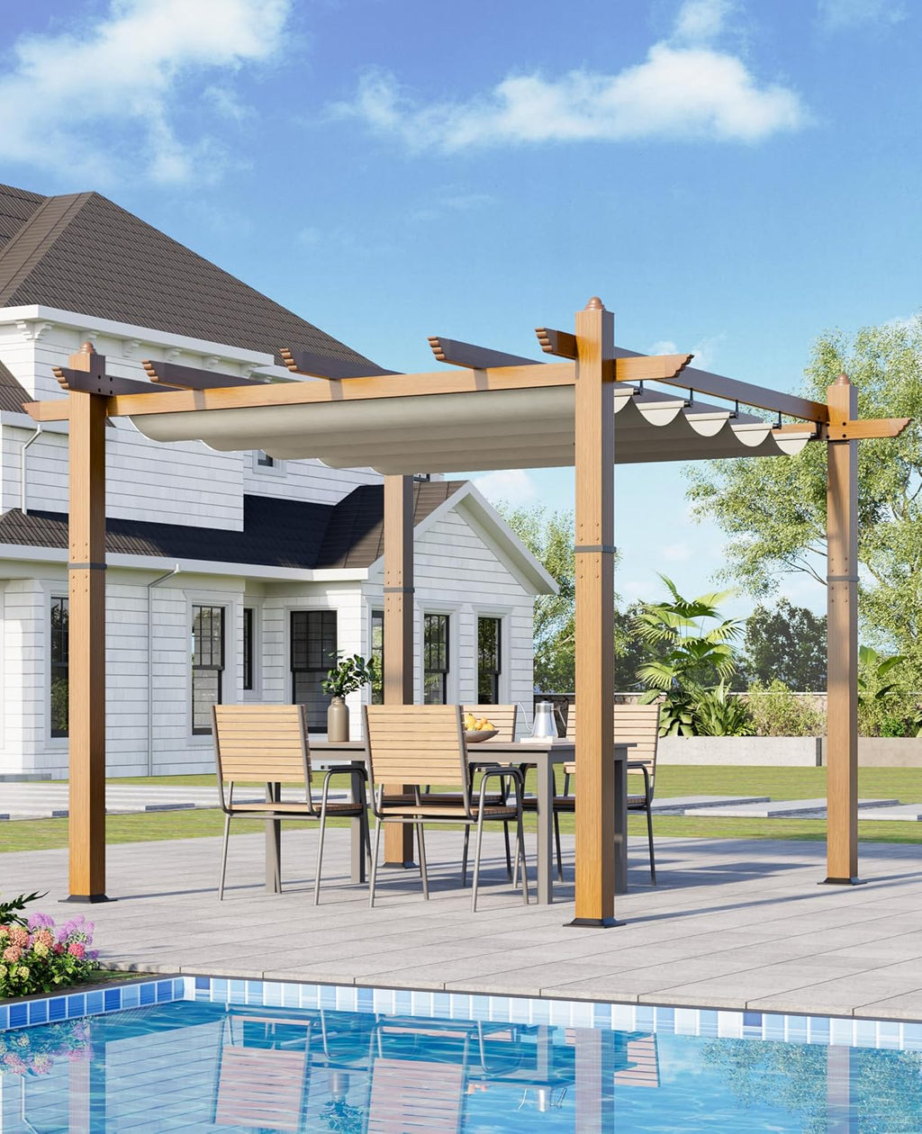 Garvee 10x10 ft Outdoor Pergola with Retractable Canopy – Upgraded Aluminum Faux Wood Grain Metal Patio Pergola for Modern Backyard Deck, Porch, Grape Trellis in Beige