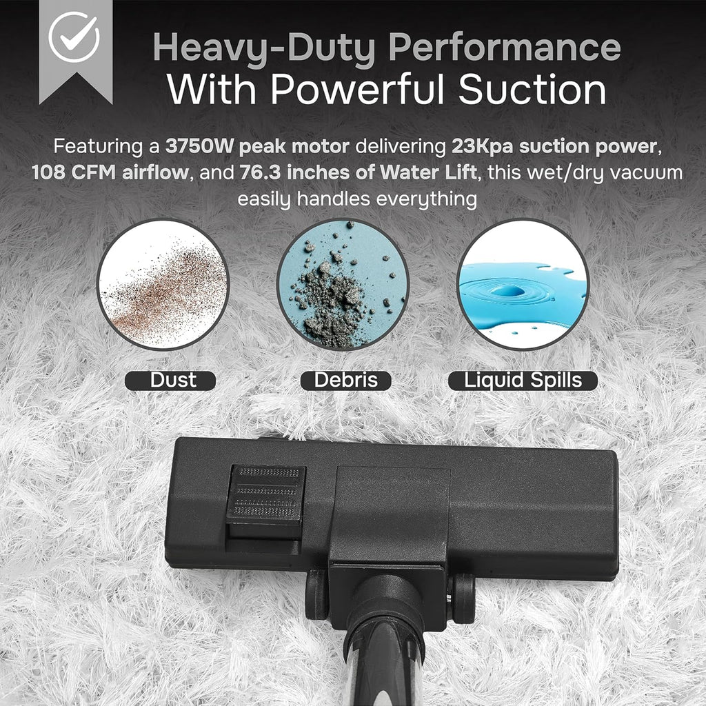Dapper Supply 16 Gallon 4.5 Peak HP Wet/Dry Vacuum, Stainless Steel Tank, 3 in 1 Function Portable Shop Vacuum with Attachments, Ideal for Jobsite, Garage & Workshop.